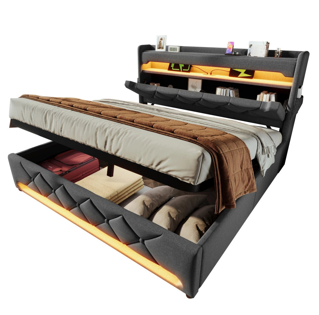 Letto matrimoniale 140x200 cm in lino grigio con LED; USB Type-C; contenitore e materasso