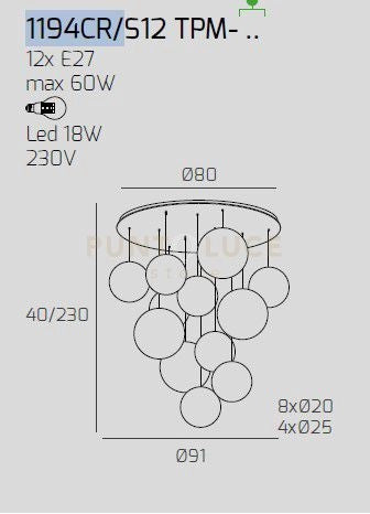 SOSP. CROMO 12 LUCI TONDA VETRI (8 PICCOLI (3XAM+3XBR+2XFU)+4 MEDI (1XAM+1XBR+2XFU)) 1194CR-S12 TPM-MC