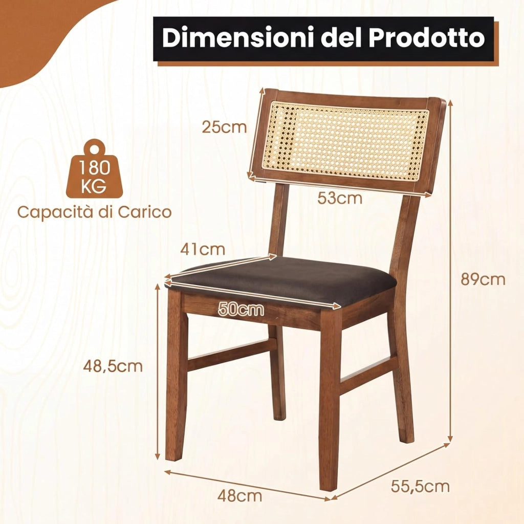 Set di 2 Sedie da Pranzo, Sedie Imbottite con Schienale in Rattan Intrecciato, Struttura in Legno di Hevea, Seduta in Velluto, Portata 180 kg, Sgabello d’Accent Boho per Soggiorno e Cucina