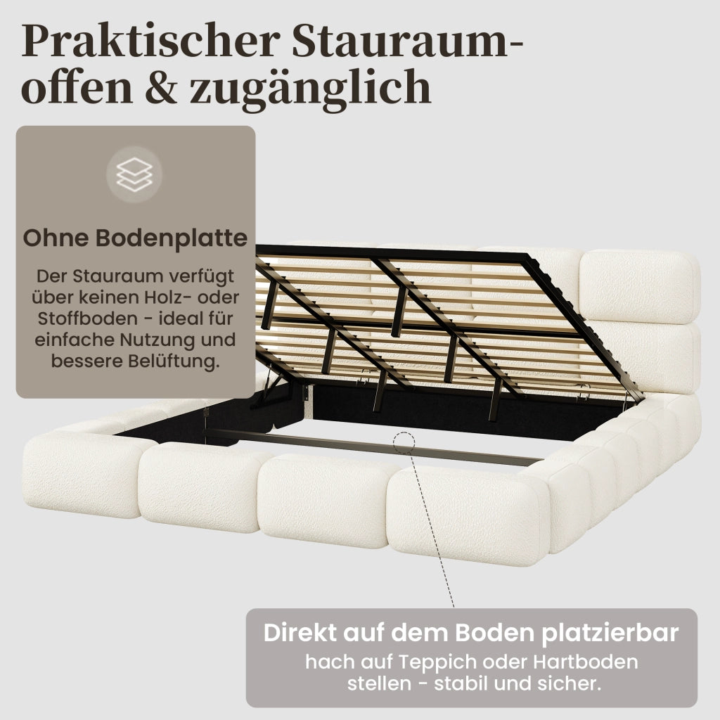 Letto contenitore matrimoniale 200 × 200 cm con sollevamento idraulico, senza materasso, in bouclé bianco