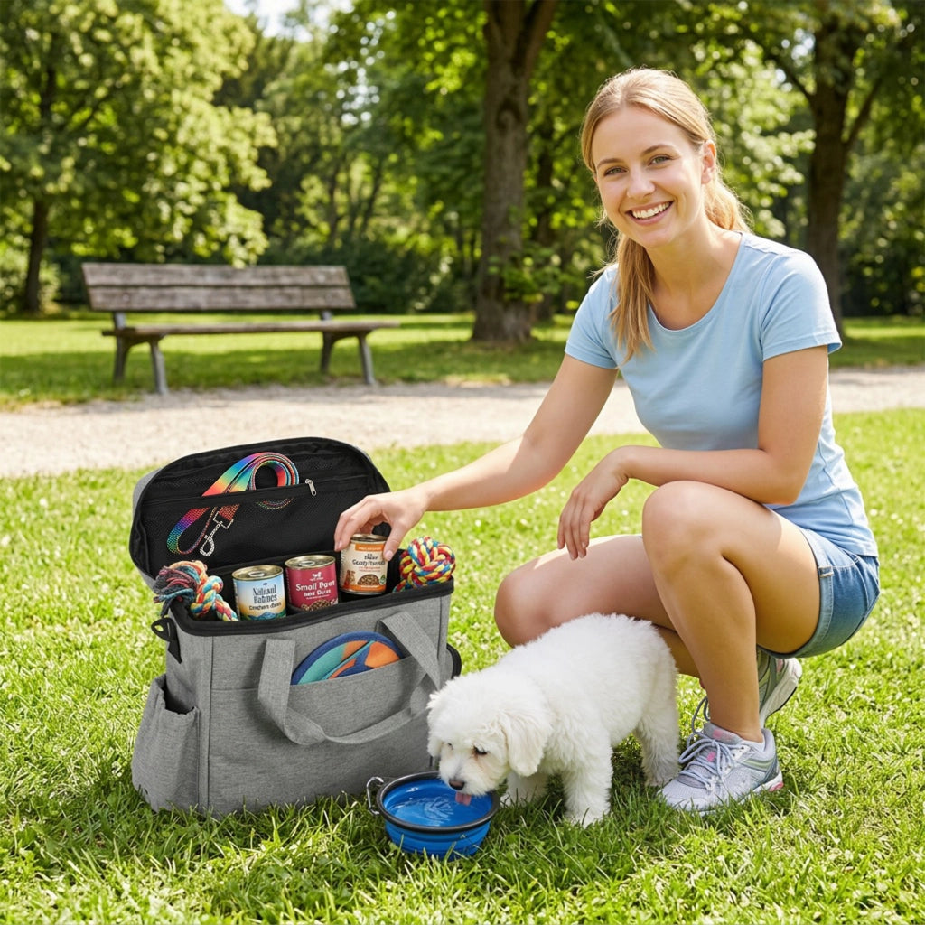 Trasportino per Cani con Scomparti e Ciotole ¨C zephmum ¨C Grigio Chiaro 38x17x35 cm