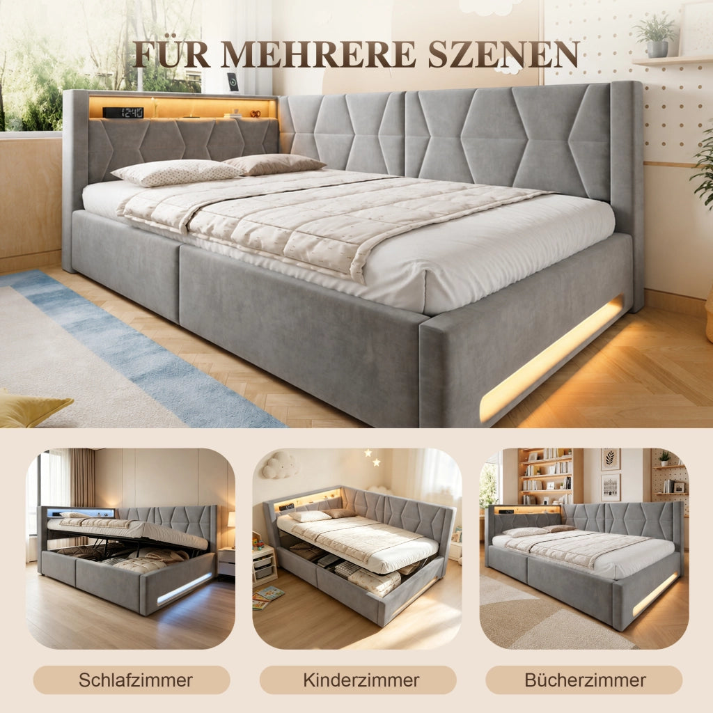 LETTO imbottito 140x200 cm con contenitore, velluto grigio scuro, LED, USB e Type-C