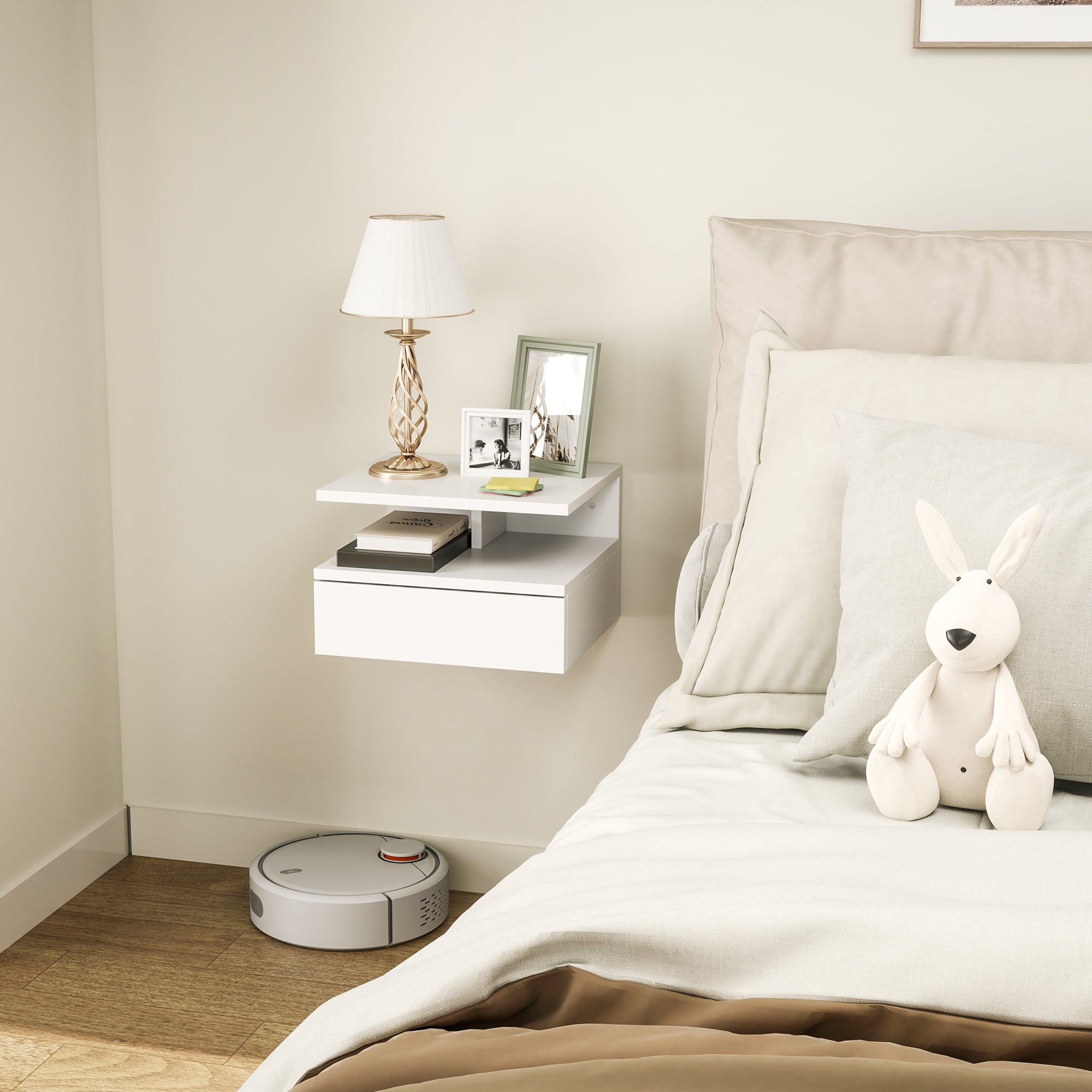 Comodino Sospeso per Camera da Letto 35x32x22,5 cm con Cassetto in Legno Bianco