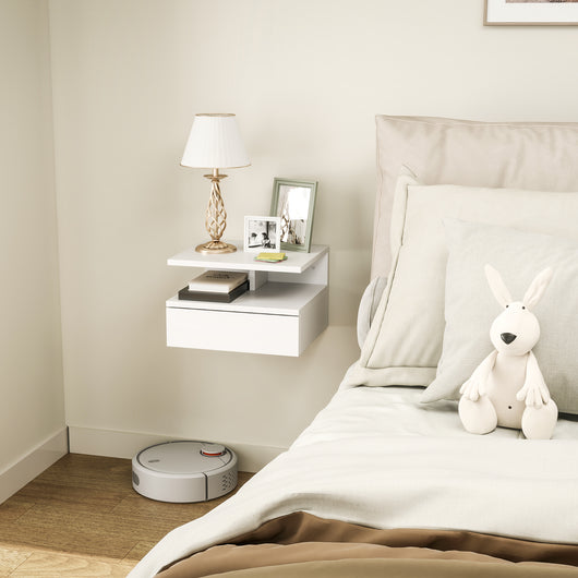 Comodino Sospeso per Camera da Letto 35x32x22,5 cm con Cassetto in Legno Bianco