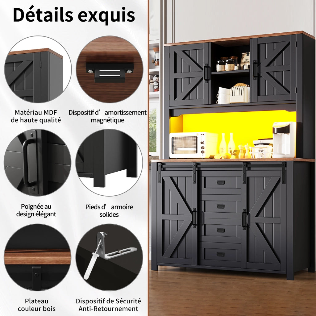 Credenza Cucina Alta con Ante Scorrevoli; 2 Cassetti; Ripiani Regolabili e LED per Cucina; in MDF e Metallo; 115x40x174;7 cm; Nero
