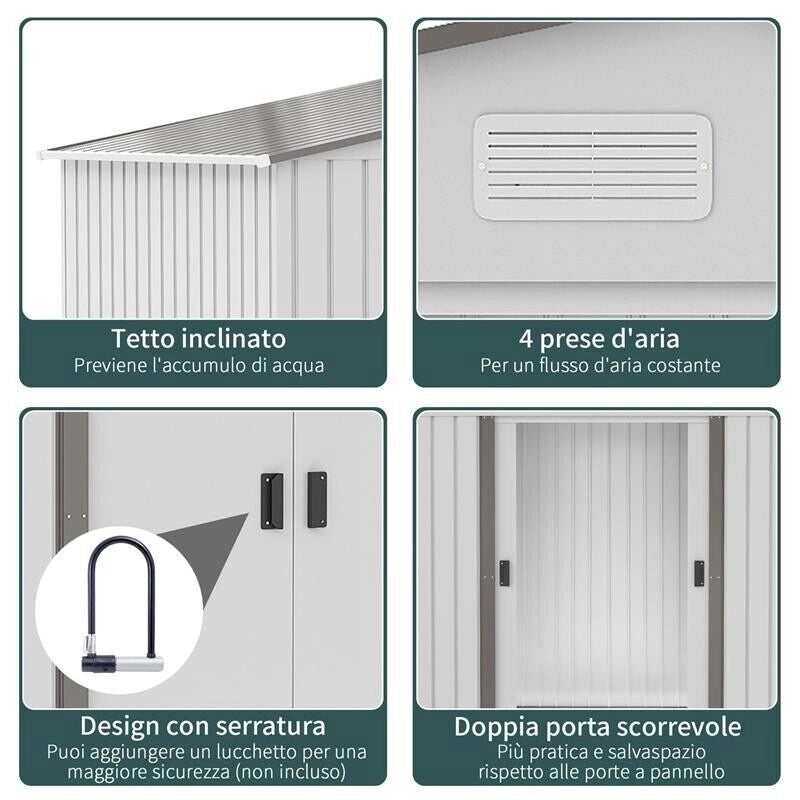 CASETTA DA GIARDINO CON DOPPIE PORTE SCORREVOLI, IN ACCIAIO E PP, 277X195X192CM, ARGENTO