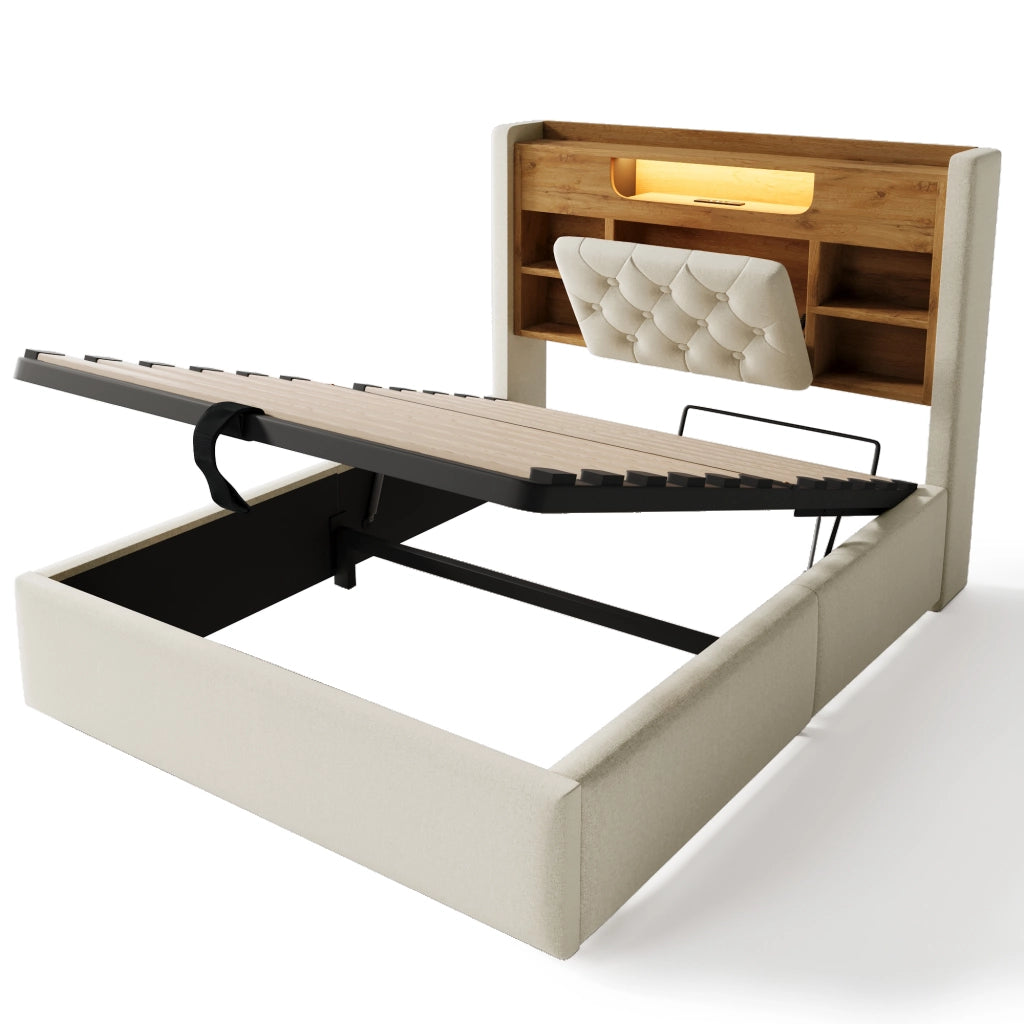 Letto imbottito 90x200 cm con contenitore idraulico, LED, USB/Type-C, testiera con ripiani, beige