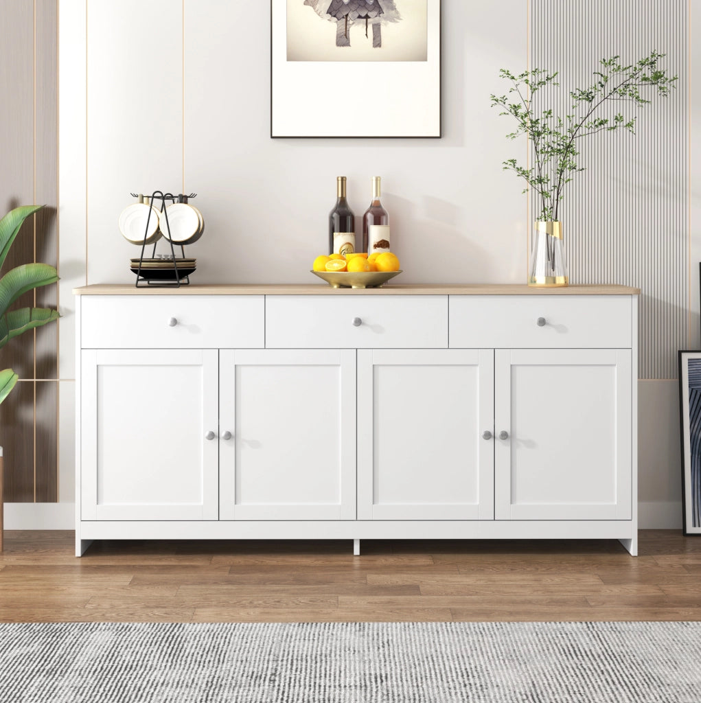 Credenza 160x37x75 cm bianca e color legno in MDF, 4 ante e 3 cassetti