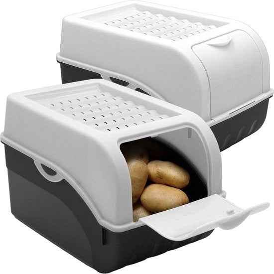 2 Scatole di conservazione con coperchio + 6 adesivi / 29x19x19cm, 5L - 4 kg verdure/Wit - per verdure e frutta, mele e cipolle