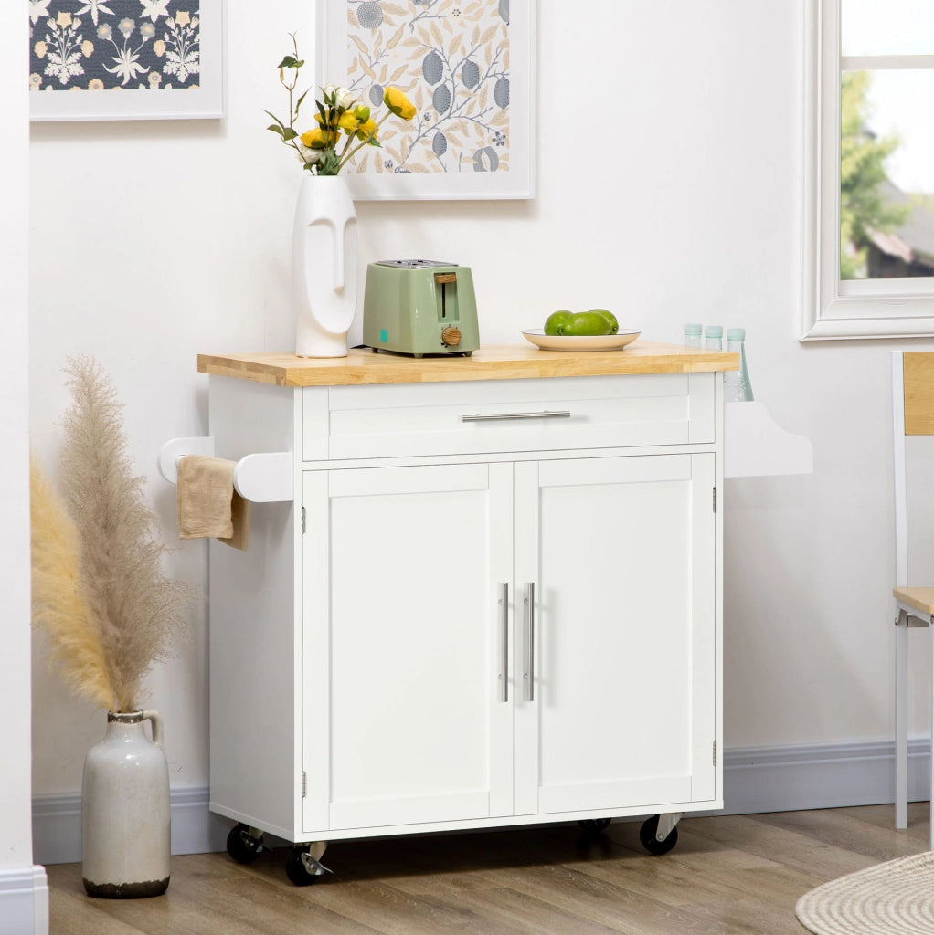 Carrello da cucina 109x40x89 cm con piano di lavoro; porta-spezie e portasciugamani in MDF bianco