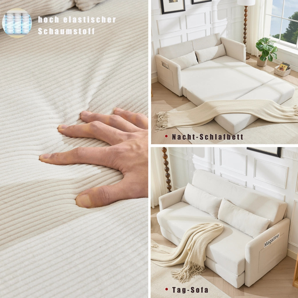 Divano letto 2 posti - con funzione pieghevole e tasche - in tessuto a coste beige