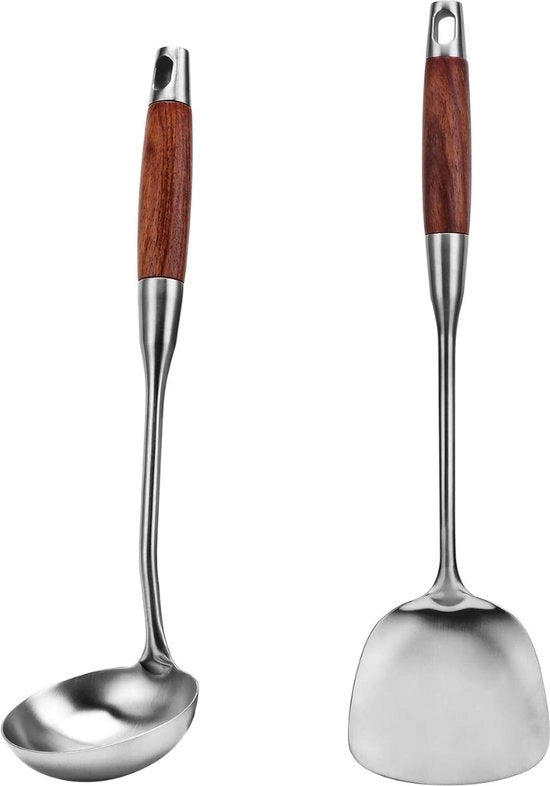 Set di Cucina - "Set di Cucina Premium: Wok e Spatola in Acciaio Inox 304 Duraturo con Maniglie in Legno Termoresistente - Ideale per Cucinare e Cuocere con Comfort