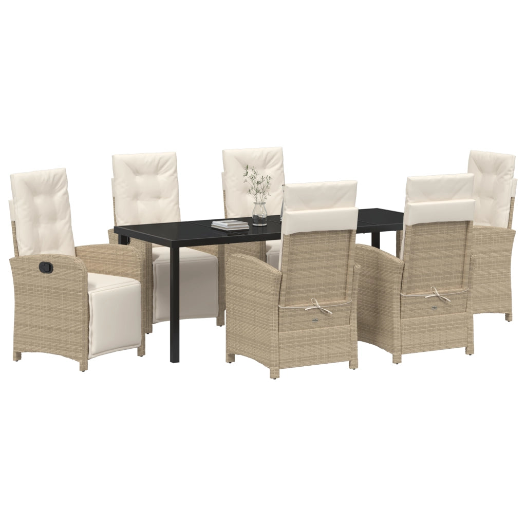 Set da Pranzo da Giardino in Rattan Poliestere Beige da 7 Pezzi con Cuscini