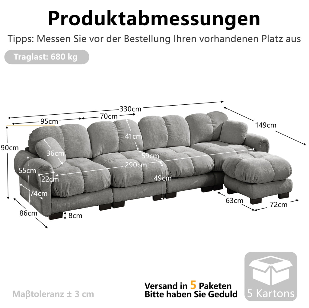 Divano angolare a L in ciniglia con pouf mobile e cuscino; grigio chiaro; 330×149×90 cm