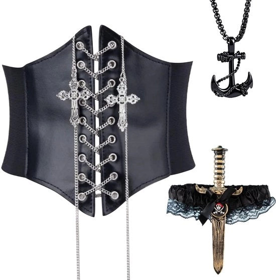 Corset per Donne - Cintura Larga con Cordon - Cinturino Elastico - Accessorio di Costume - Halloween/Cosplay - Materiale di Alta Qualità PU - Altezza del Cordoncino 11,5 cm