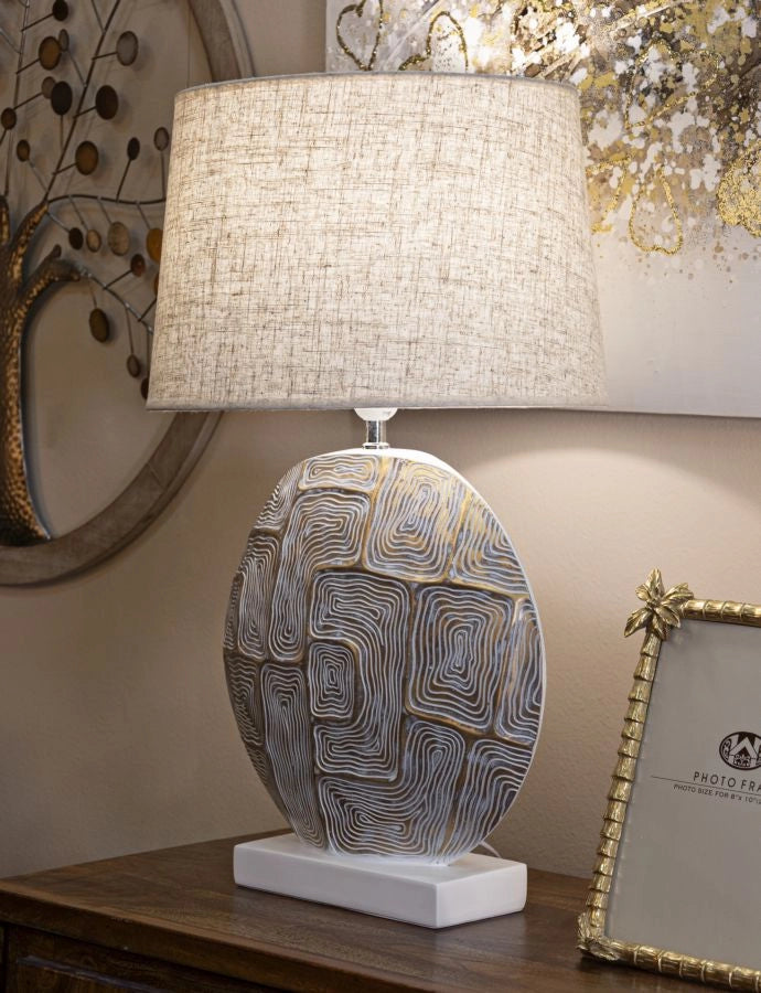 Lampada da Tavolo Resina Eclips Ø38x68 cm in Resina e Ferro e Tessuto Oro e Bianco