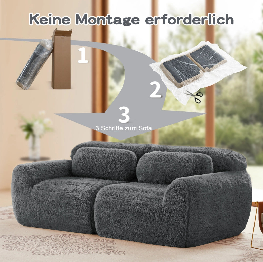 Divano 2 posti in tessuto plush grigio, design modulare senza telaio, con cuscini e base antiscivolo