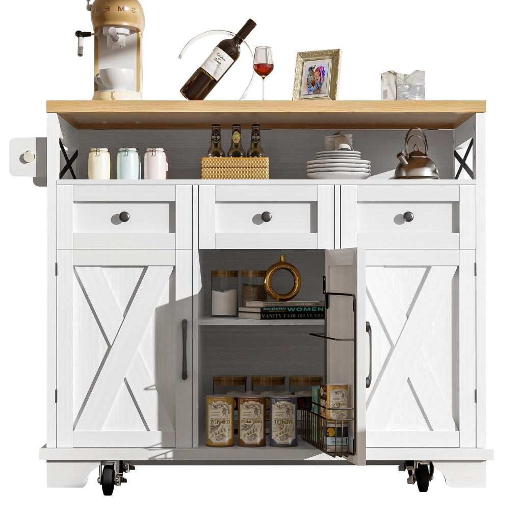 Isola da cucina con 3 cassetti; piano ribaltabile; portaasciugamani e ruote; in MDF e metallo; 118 x 43-70 x 98 cm; bianco