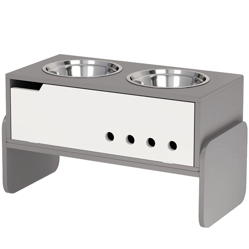 Stazione rialzata per cani con vano contenitore, 2 ciotole in acciaio inox da 2000 ml, grigio