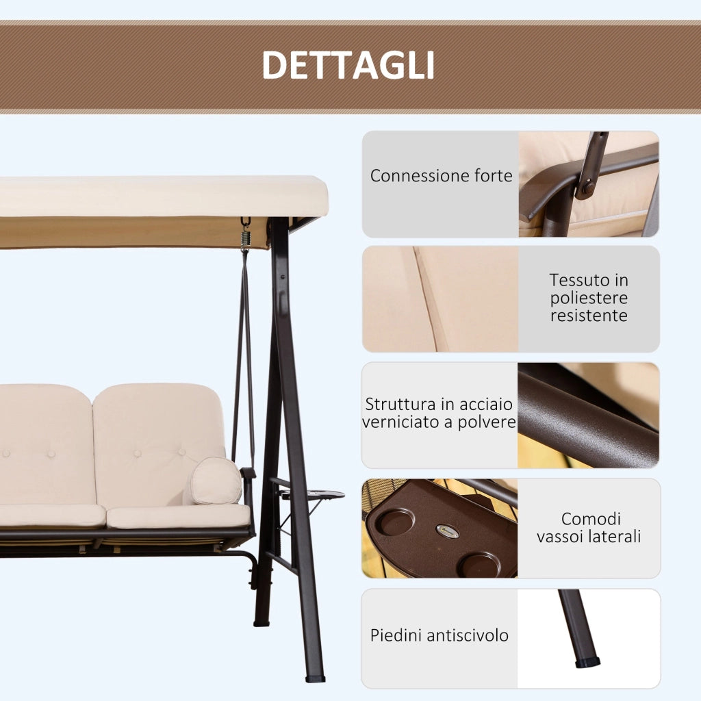 Dondolo da Giardino 3 Posti 208x121x172 cm Tetto Regolabile, Portabicchieri e Cuscini Beige