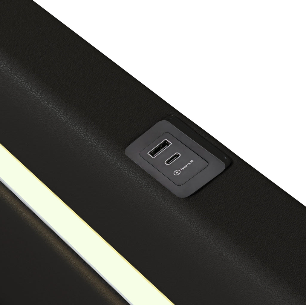 Letto imbottito 160x200 cm in PU nero con LED, Bluetooth, USB e vano contenitore
