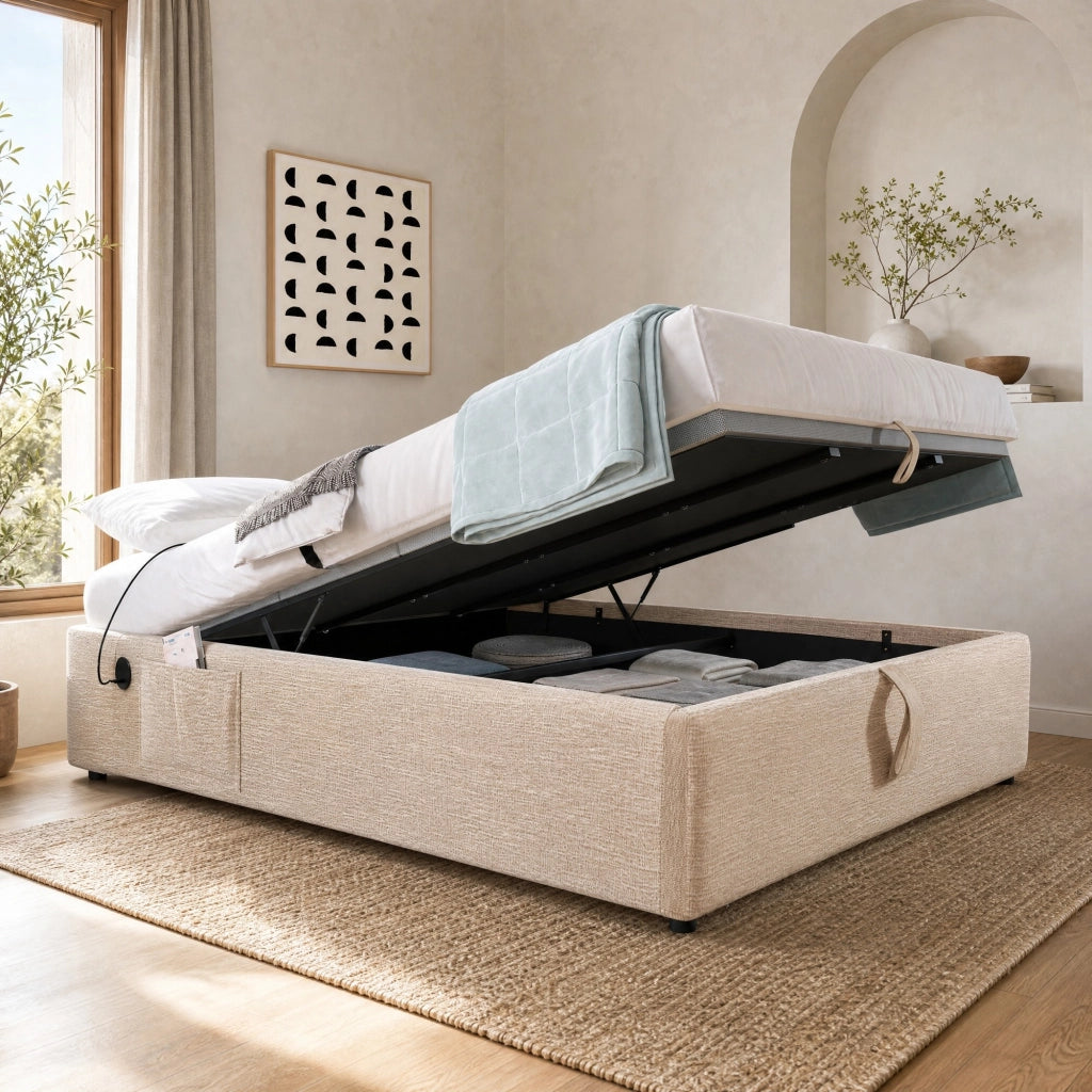 Letto matrimoniale contenitore 160x200 cm in lino naturale con USB e Type-C; senza testiera