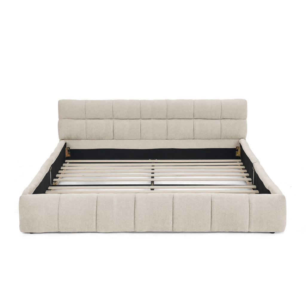 Letto Matrimoniale Imbottito in Velluto Chenille ¨C MINIMAL ¨C Beige, Legno e Metallo, 140x200