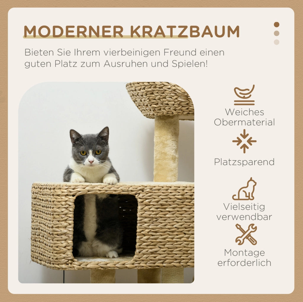 Tiragraffi per gatti beige 98 cm con cuccia, rampa e sisal