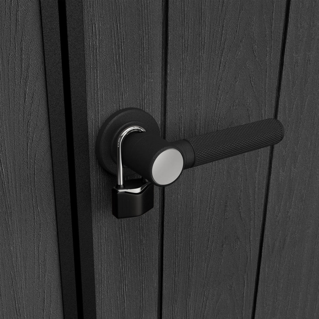 Newton + 759/975 - Casetta da Giardino 287x246x230 cm 2 Ante per deposito attrezzi finitura effetto legno Evotech+ in Resina Grigio e Nero