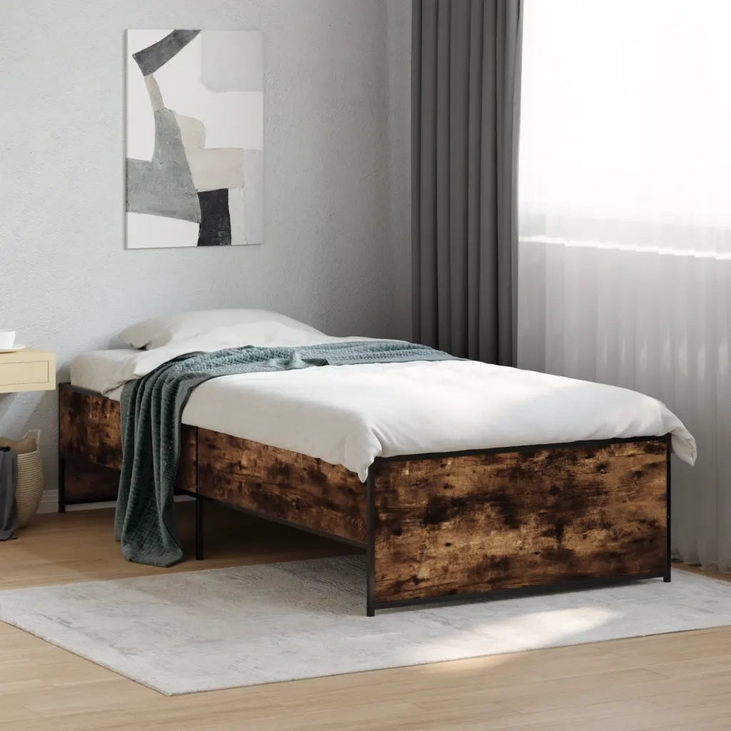 Letto singolo | Letto per adulti | Giroletto Rovere Fumo 100x200 cm in Legno Multistrato e Metallo