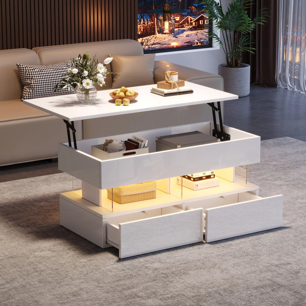Tavolino regolabile in altezza, lucido, con luci a LED, 2 cassetti, in MDF + acrilico, 100 x 50 x 46 cm, bianco
