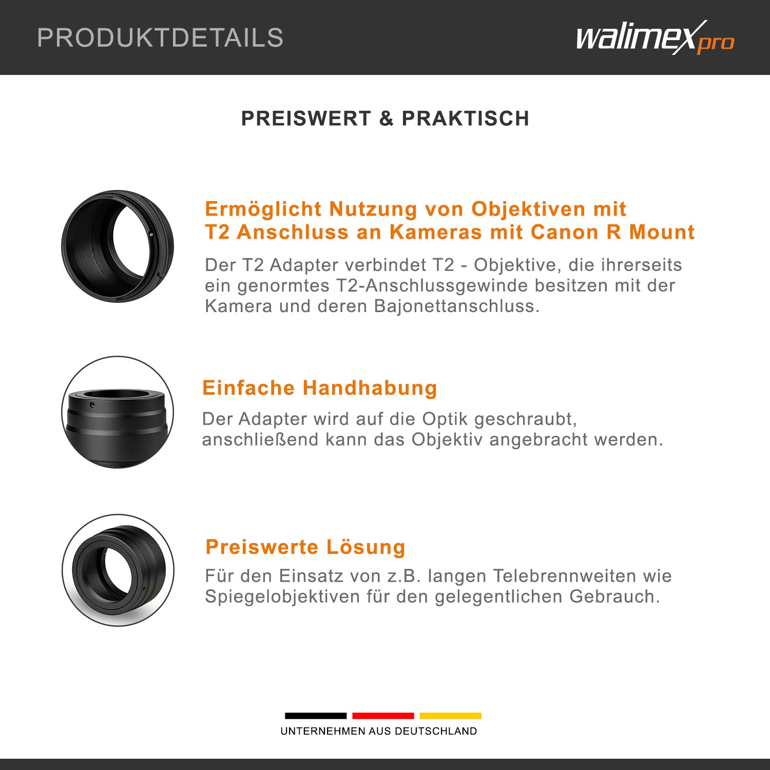 T2 Adapter compatibile con Canon R - Anello adattatore con messa a fuoco manuale, maneggevole, anello di montaggio dell'obiettivo per EOS R1, EOS R5 Mark II, EOS R100, EOS R8