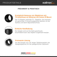 T2 Adapter compatibile con Canon R - Anello adattatore con messa a fuoco manuale, maneggevole, anello di montaggio dell'obiettivo per EOS R1, EOS R5 Mark II, EOS R100, EOS R8