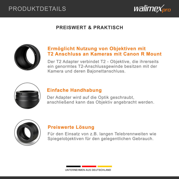 T2 Adapter compatibile con Canon R - Anello adattatore con messa a fuoco manuale, maneggevole, anello di montaggio dell'obiettivo per EOS R1, EOS R5 Mark II, EOS R100, EOS R8