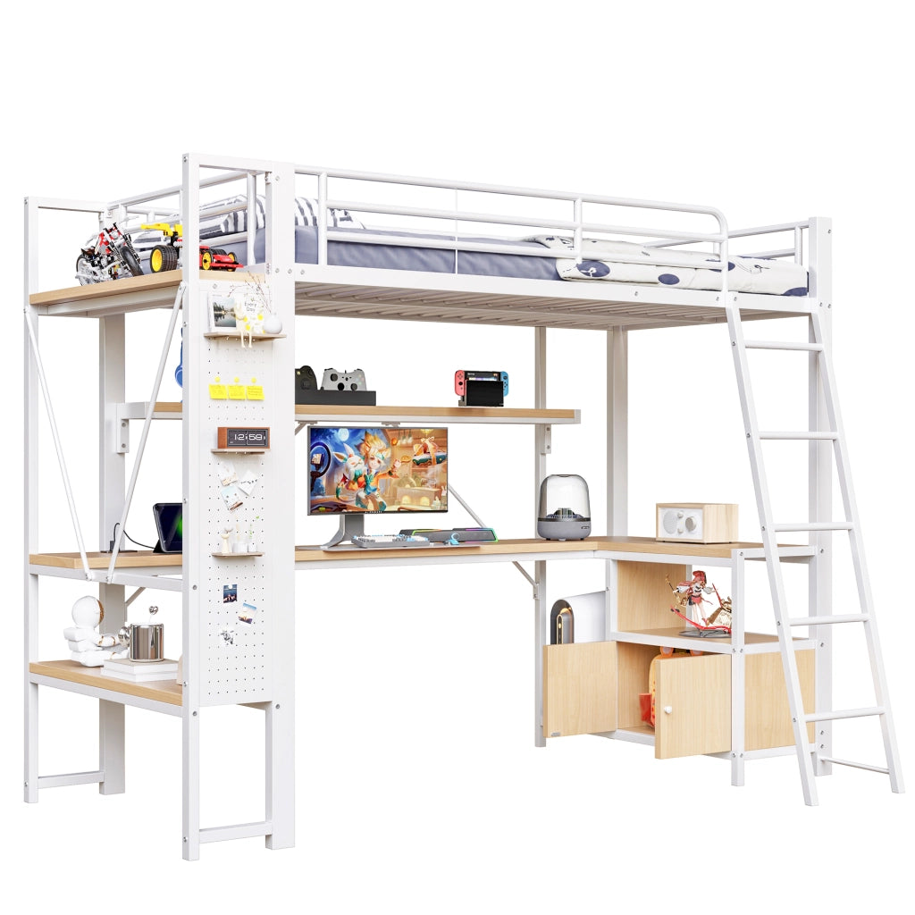 Letto a castello bianco con scrivania integrata led e vani di stoccaggio in metallo 90x200 cm