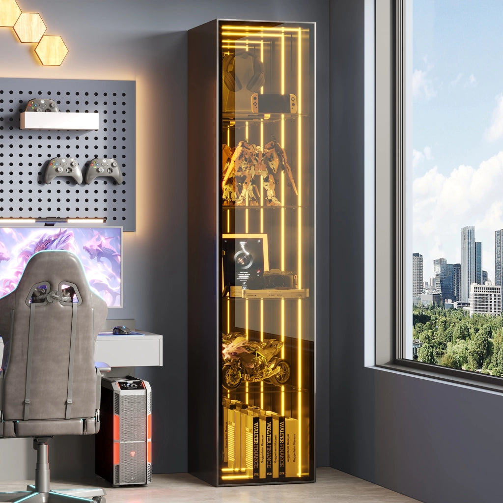 Vetrina in vetro temperato 30 x 30 x 160 cm con telaio in alluminio, 5 ripiani, LED perimetrale e chiusura soft-close, nero