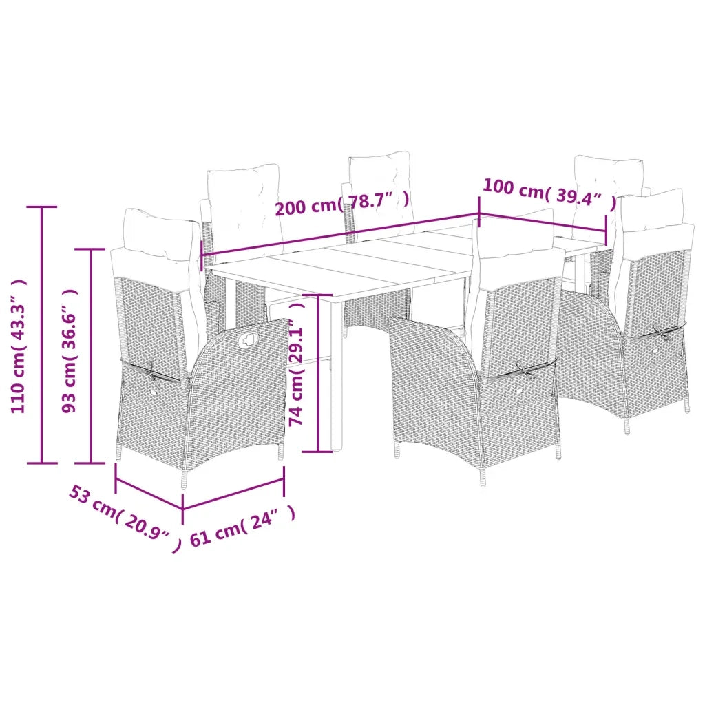 Set da Pranzo da Giardino 7 pz Cuscini Polyrattan Grigio Chiaro