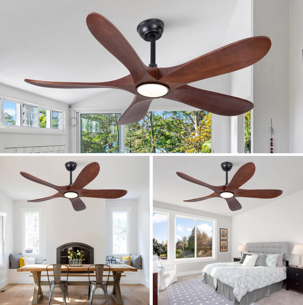 Ventilatore da soffitto con luce; 5 pale in legno massello; noce e nero