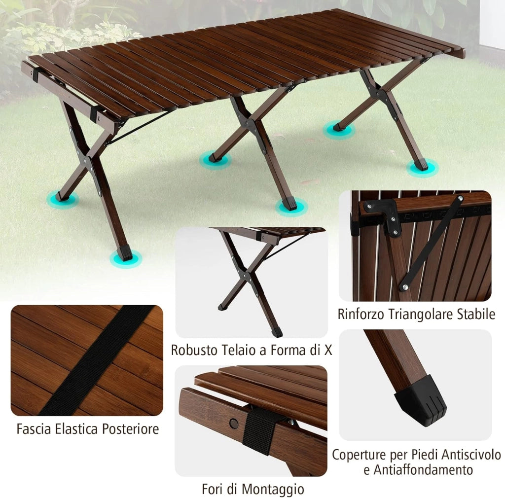 Tavolo da Campeggio Pieghevole di Bambù, Tavolo da Picnic Leggero con Borsa di Trasporto, Tavolo da Esterno per Campeggio, Trekking, Pesca e Barbecue, 122 x 60 x 43,5 cm (Marrone)