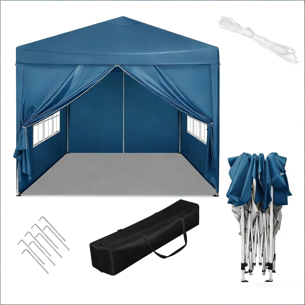 Pavillon pieghevole da giardino 3x3 m blu con pareti laterali, altezza regolabile e borsa per trasporto