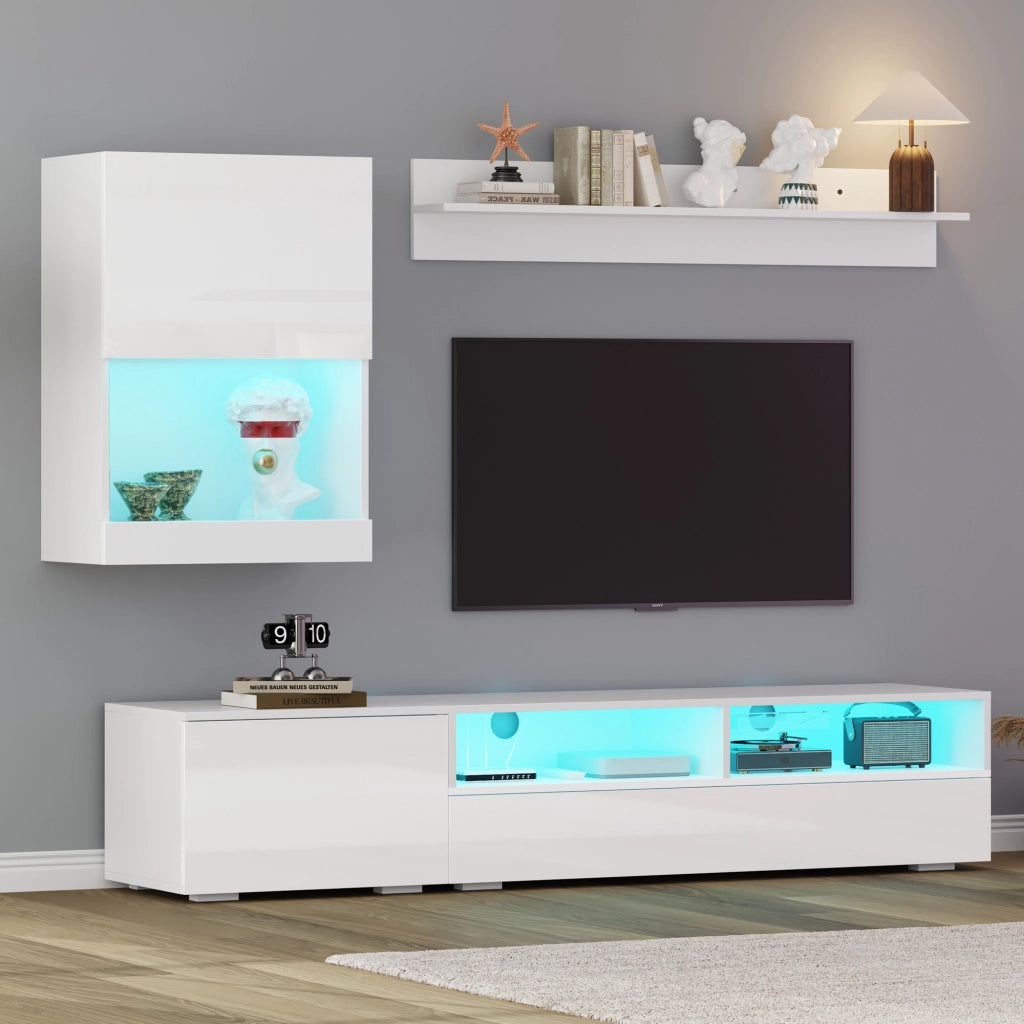 Mobile porta TV set con LED e finitura lucida con 3 ante e 2 vani aperti per soggiorno bianco 175 × 39 × 34 cm