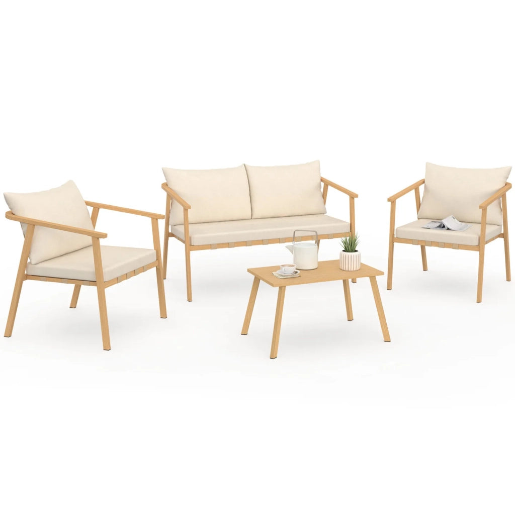 IDMarket - Set di mobili da giardino bassi MALTA, 4 posti, struttura in metallo effetto legno, strisce e cuscini beige