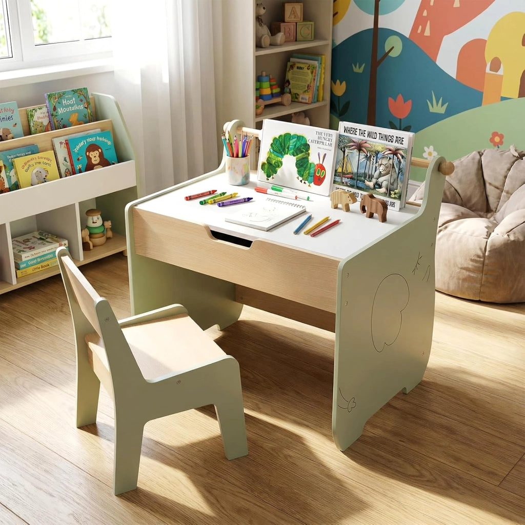 Set Tavolo e Sedia per Bambini 4 in 1, Set con Scrivania e Sedia in Legno per Bambini con Lavagna Reversibile, Rotolo di Carta e Contenitore Nascosto per Aula e Cameretta (Verde)