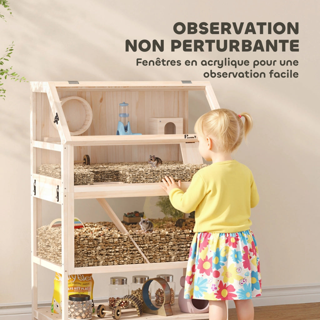 Gabbia Habitat per Criceti e Roditori 3 Piani ¨C Xylo ¨C Pannello Acrilico con Ruota 80x53x117cm