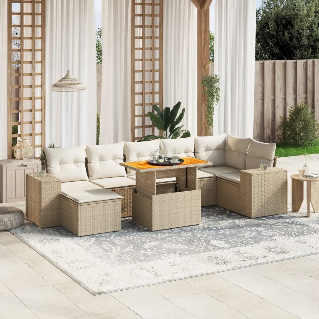 Set Divano da Giardino 8 pz con Cuscini Beige in Polyrattan