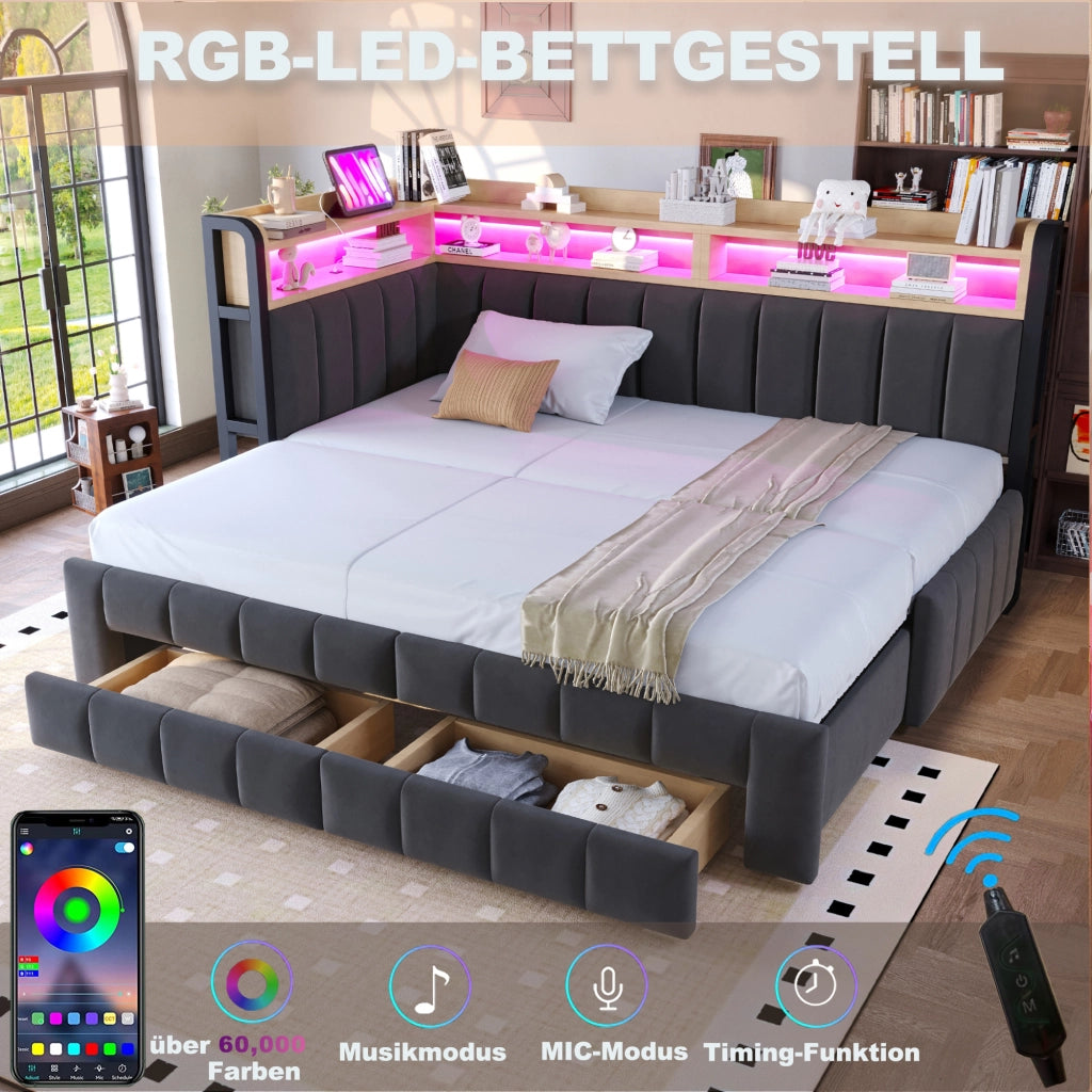 DIVANO LETTO Estraibile 90x200 cm / 180x200 cm Velluto Grigio Scuro