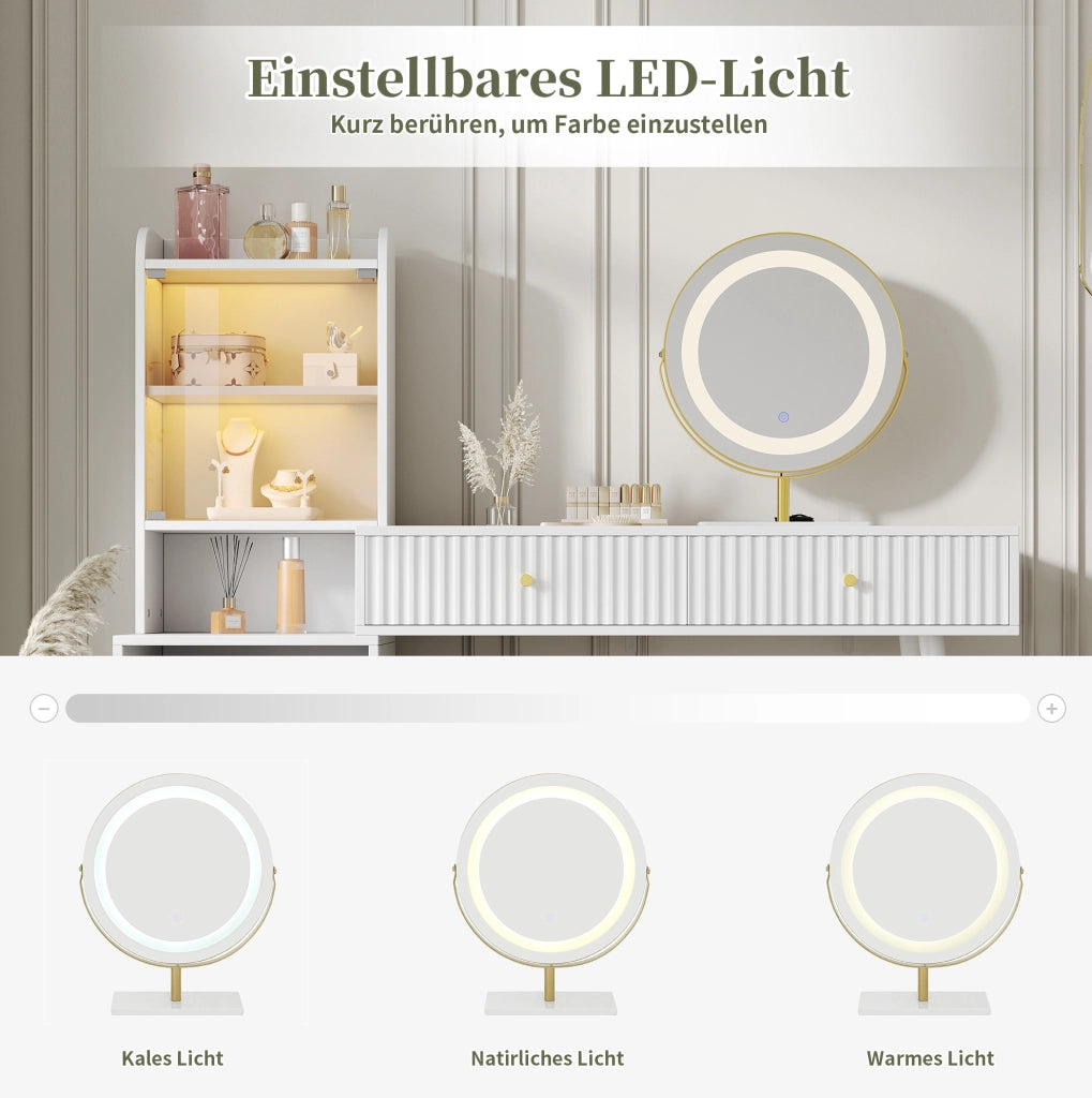 Toeletta bianca con specchio LED, 4 cassetti e vetrina
