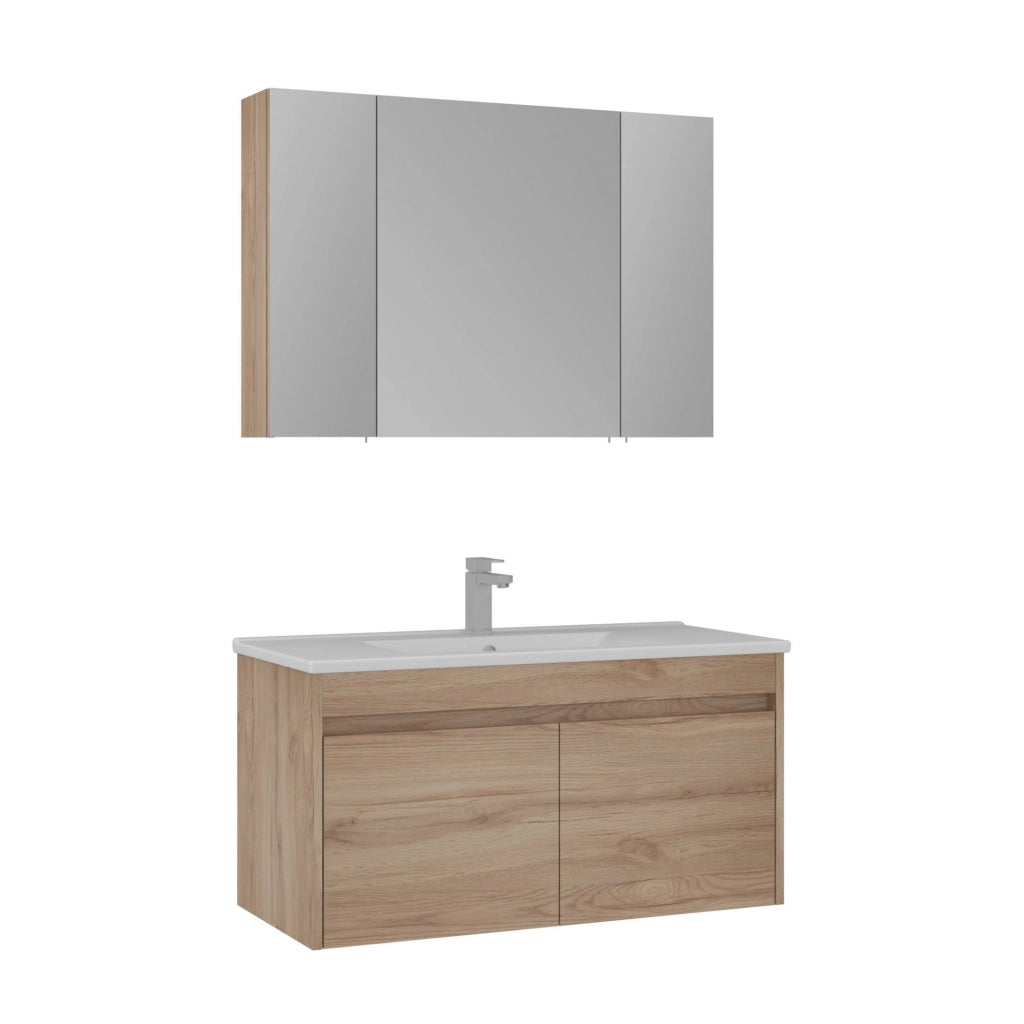 Set mobile lavabo con specchio (2 pezzi) "Side 100 v3" - 100 x 45 x 52 cm - Rovere