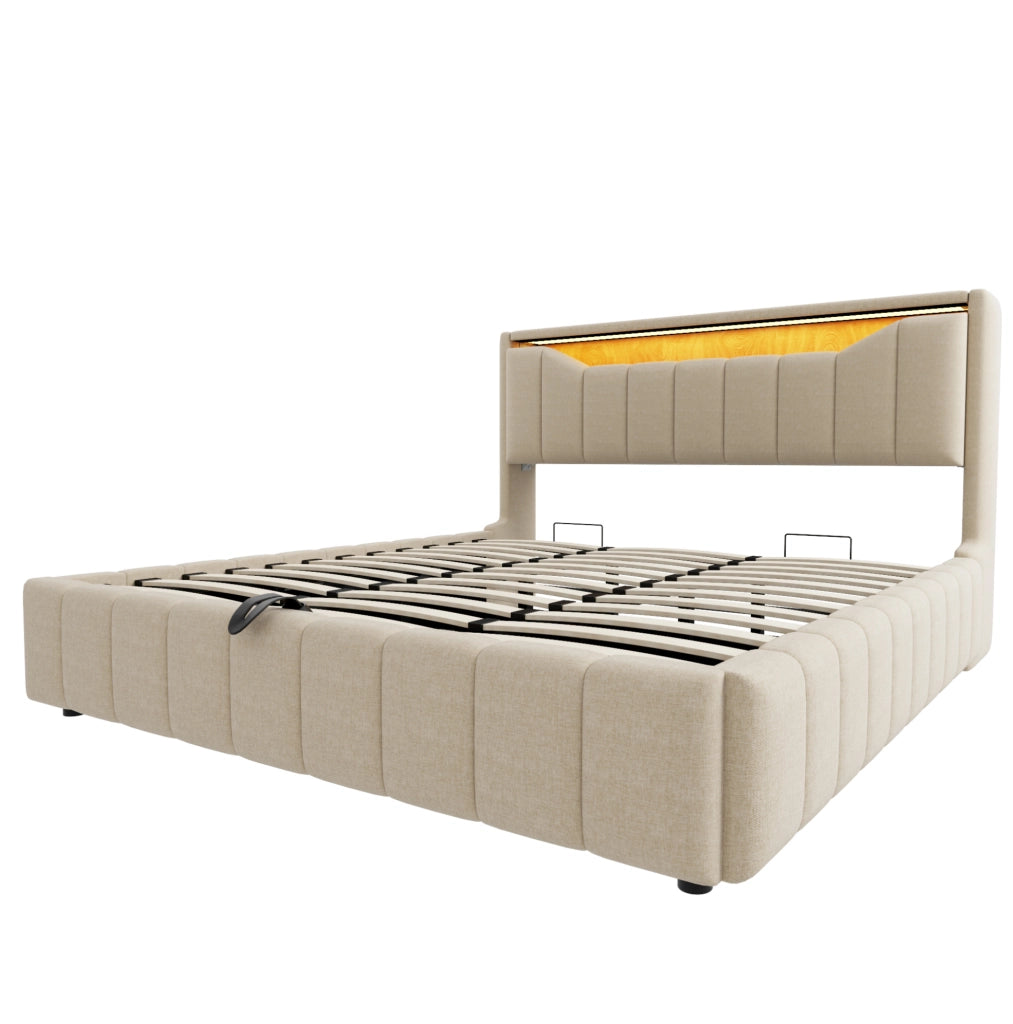 Letto matrimoniale contenitore 214.5x181x107.5 cm con sistema idraulico; LED e testiera contenitore in tessuto beige