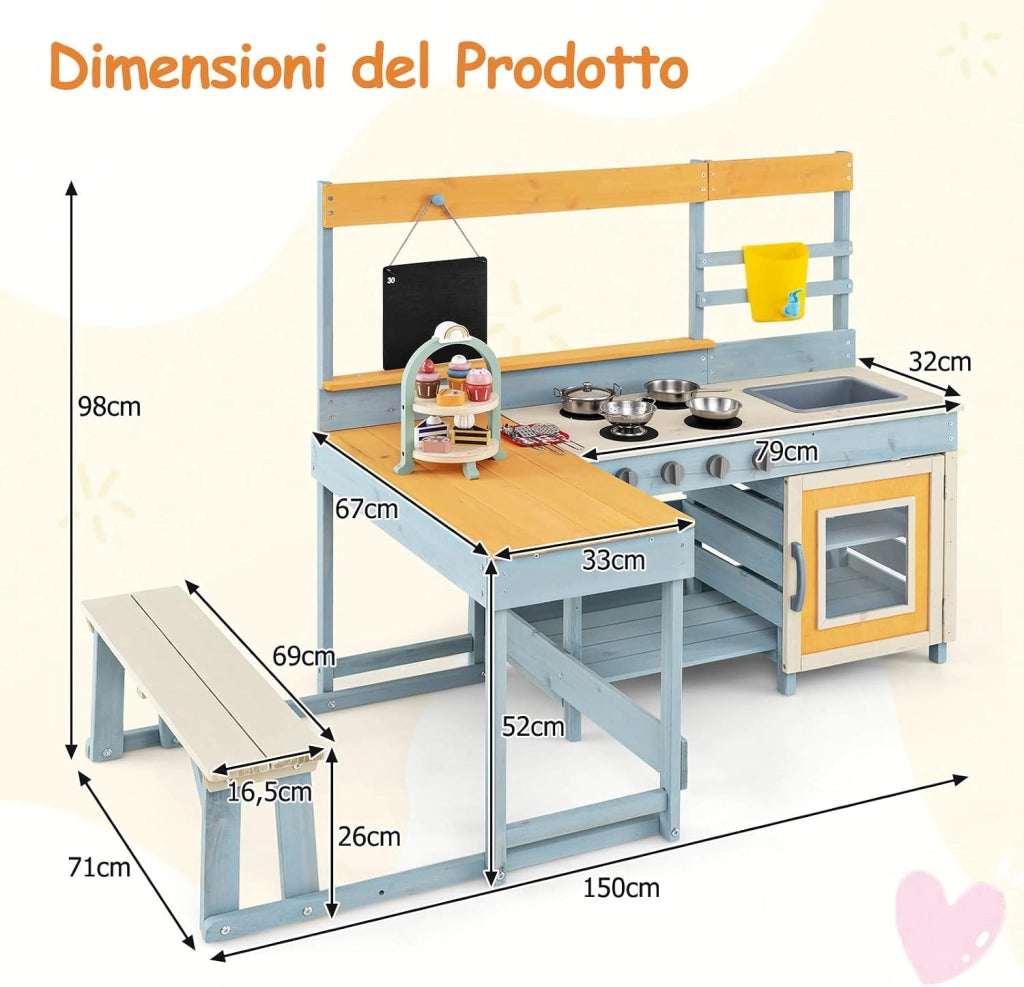 Cucina Giocattolo per Giardino con Tavolo e Panchina da Picnic, Cucina per Bambini in Legno di Abete con Fornelli, Lavandino, Lavagna e Forno, con 17 Accessori, 150 x 71 x 98 cm (Grigio 1)